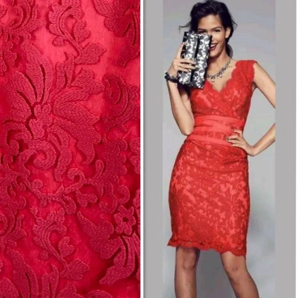 Tadashi Shoji Paillette Lace Double V-Neckline Cocktail Dress Coral / Coral Sz 6